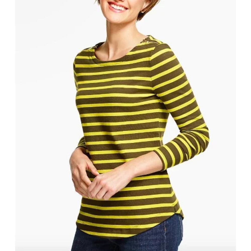 Talbots Size Small Striped Zip Shoulder Knit Top Yellow Brown 100% Cotton